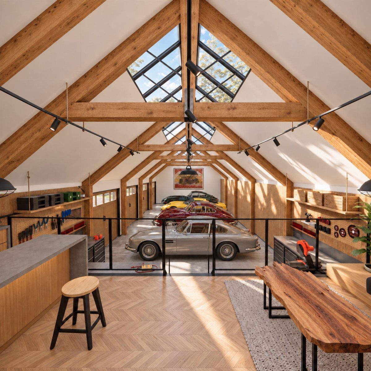 Interior view from a wooden loft overlooking a luxury garage containing several classic cars.