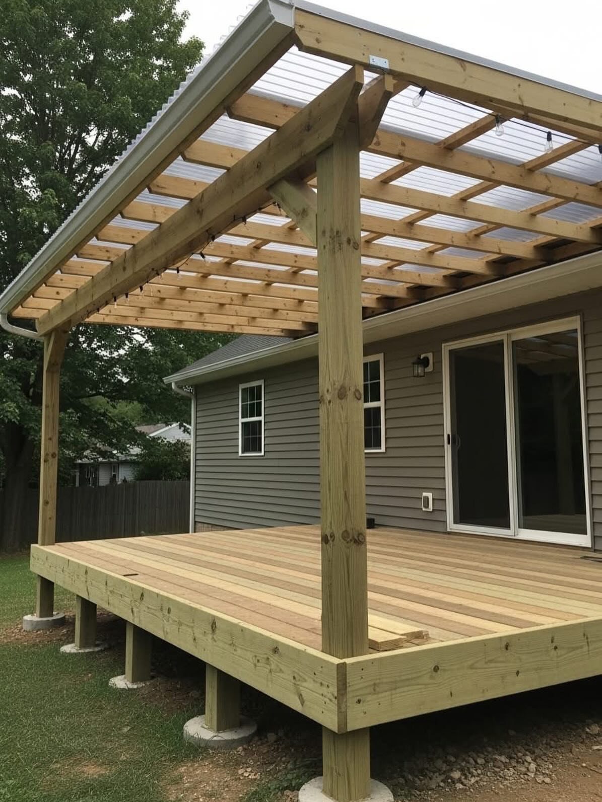 A wooden deck with a large timber frame roof and translucent corrugated panels.
