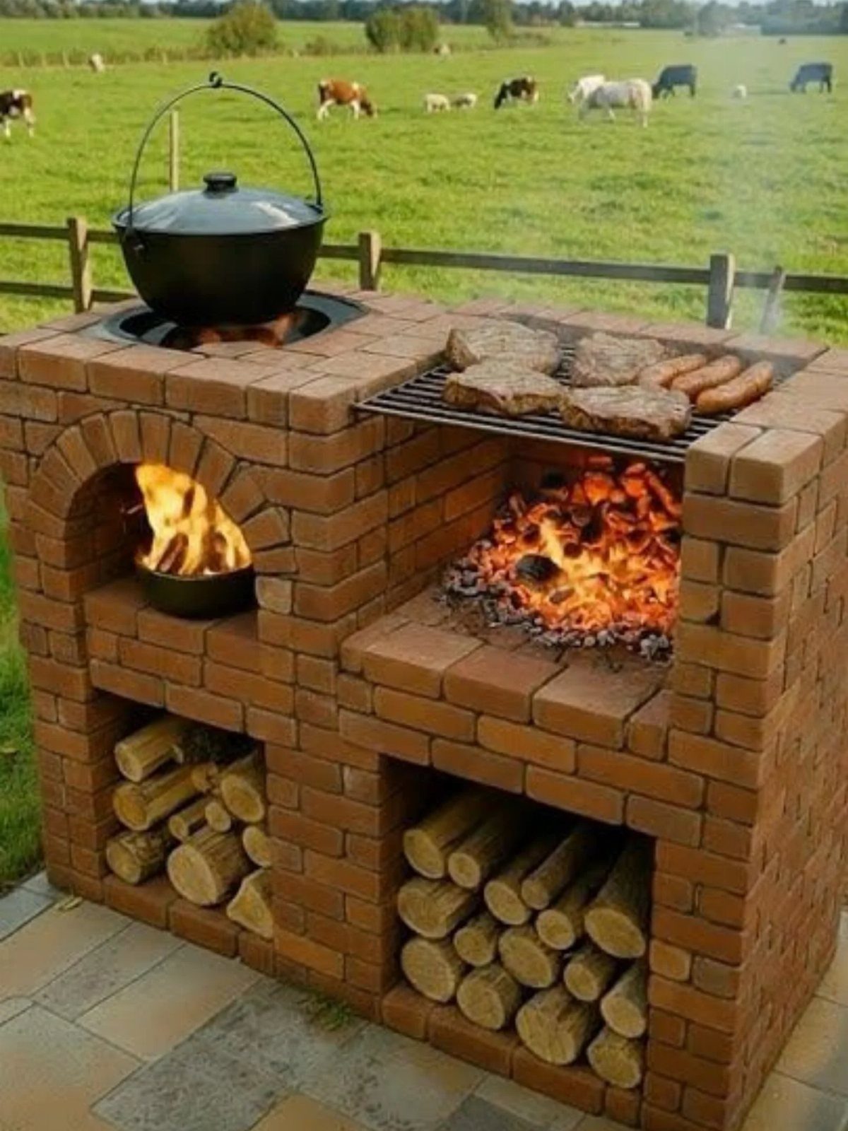A brick outdoor barbecue station with a grill, a cooking pot, and firewood storage in a field.