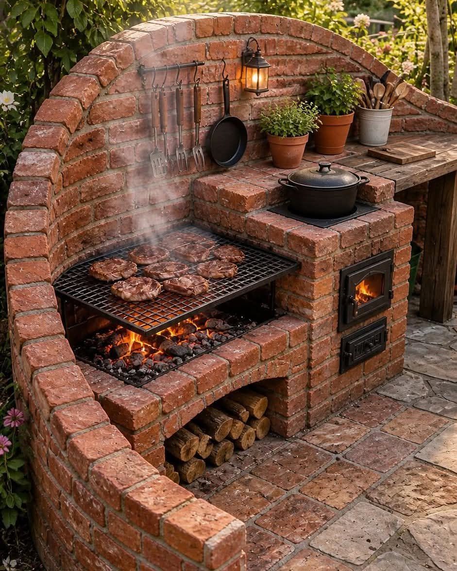 A multi-level red brick barbecue station with a grill, side stove, and wood-fired oven.