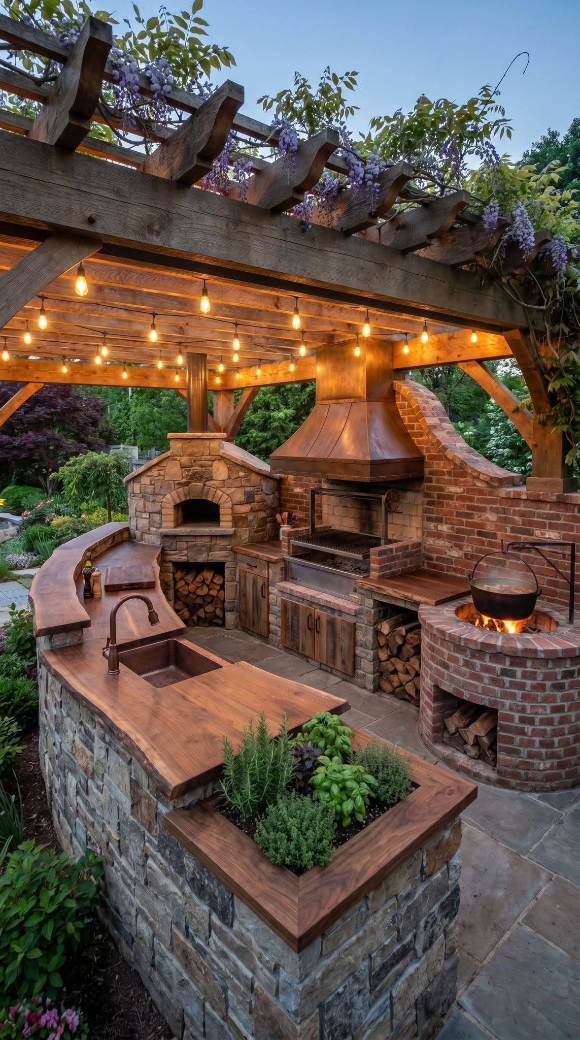 Outdoor kitchen with a brick and stone BBQ, wood-fired oven, and sink under a wooden pergola.