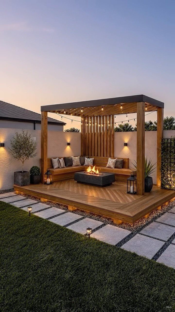 Wooden backyard pergola with built-in seating, a fire pit, and a raised deck at twilight.