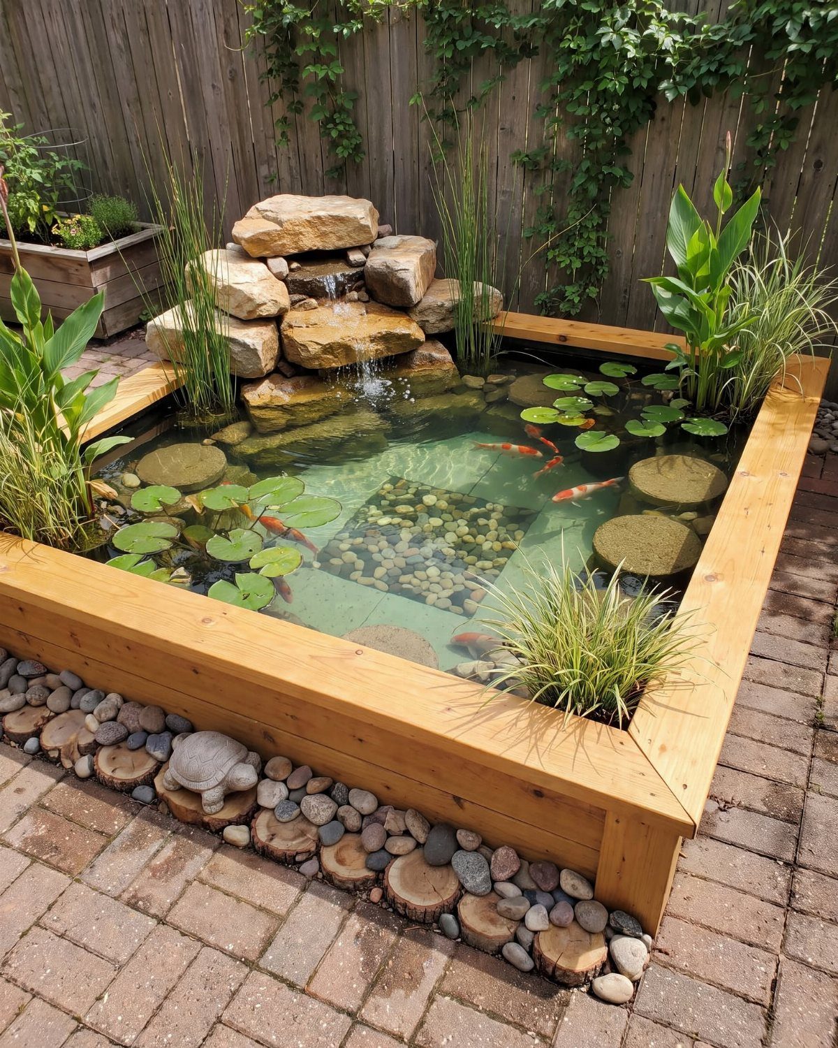 A wooden raised garden bed functioning as a mini pond with a rock waterfall and koi fish.
