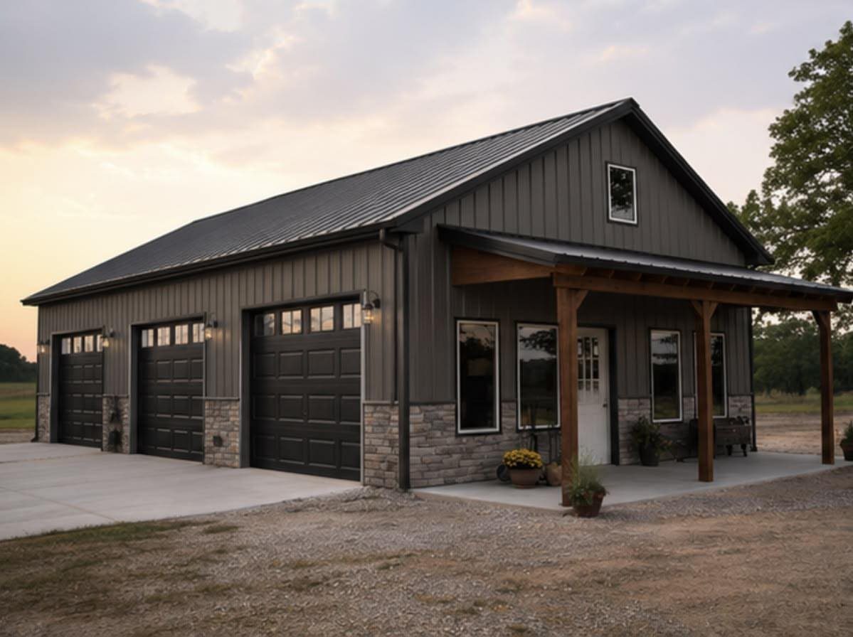 A large grey metal pole barn with three garage doors and a wooden porch area.