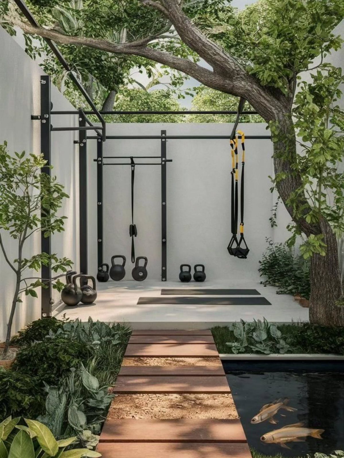 Outdoor home gym equipment set up in a lush, green backyard with a koi pond.