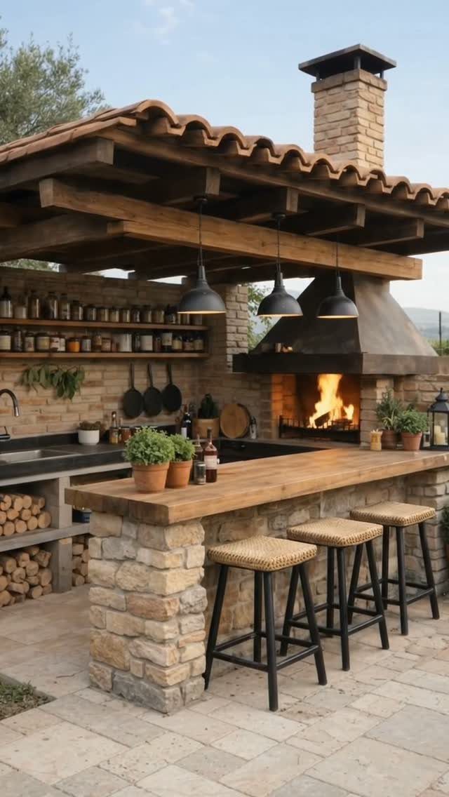 Outdoor kitchen with stone fireplace, wooden bar, and stone tile patio under a pergola.