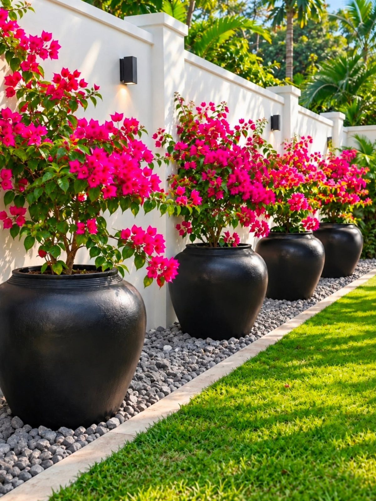 Four large black ceramic pots with bright pink bougainvillea flowers lined up against a white wall.