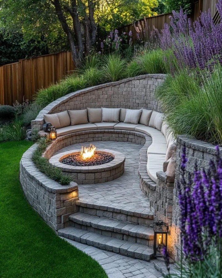 16 Backyard Patio Designs for Fire Pits, Pergolas & Outdoor Kitchens 1 A sunken stone patio with circular built-in seating and a central fire pit surrounded by greenery.