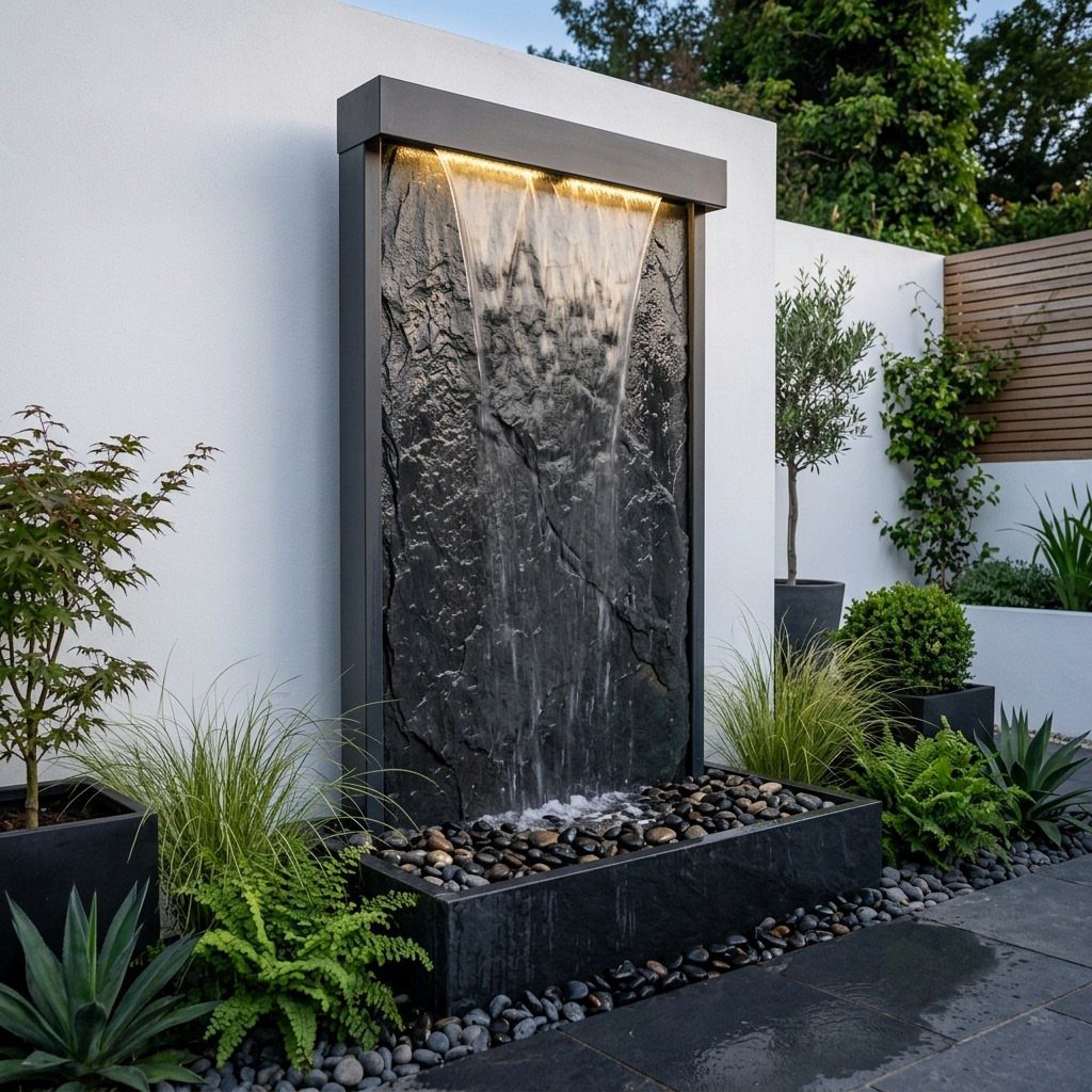16 Backyard Patio Designs for Fire Pits, Pergolas & Outdoor Kitchens 13 Black stone water feature wall with cascading water flowing into a pebble basin surrounded by greenery.