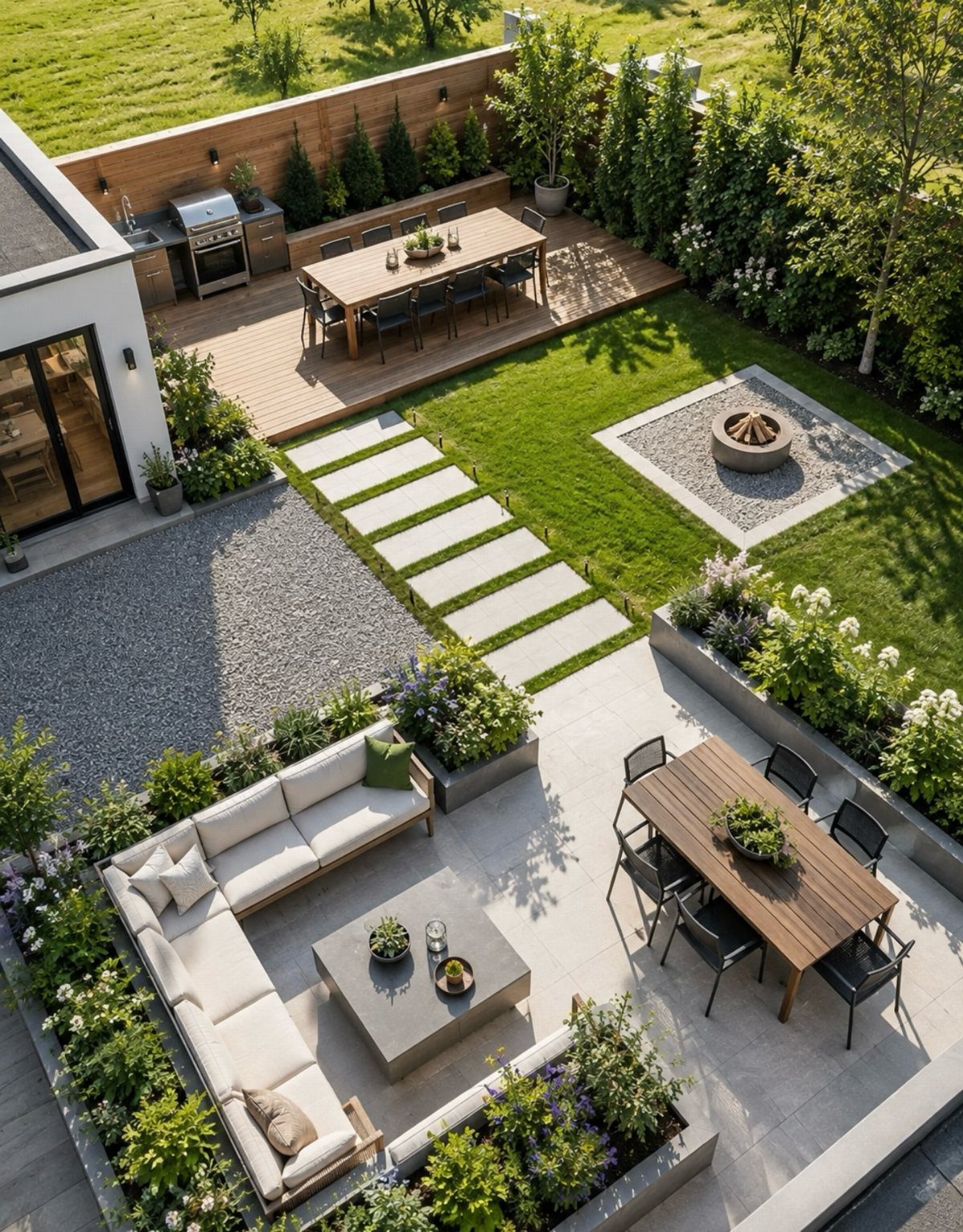 16 Backyard Patio Designs for Fire Pits, Pergolas & Outdoor Kitchens 12 Modern backyard with multi-level stone pavers, wooden decking, green lawn, and stylish outdoor furniture.