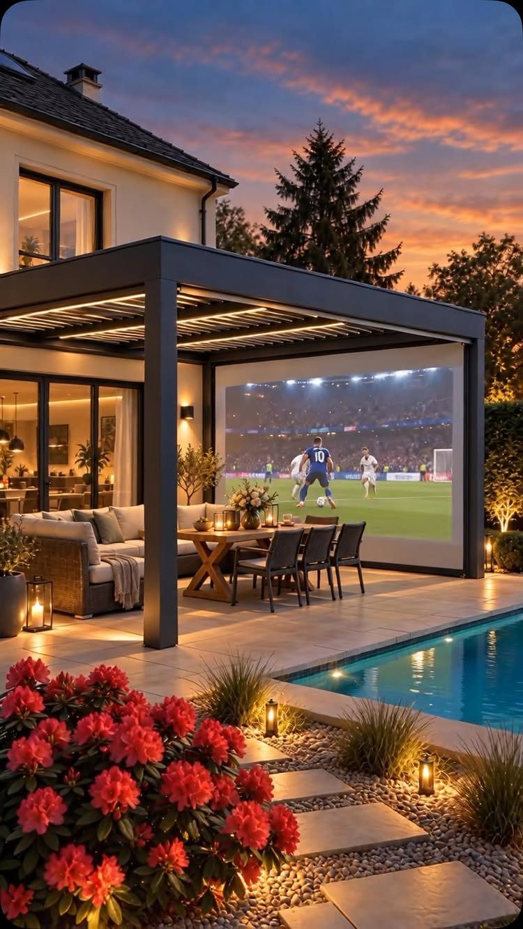 16 Backyard Patio Designs for Fire Pits, Pergolas & Outdoor Kitchens 2 Modern patio with a large outdoor movie screen, dining set, lounge seating, and a swimming pool.