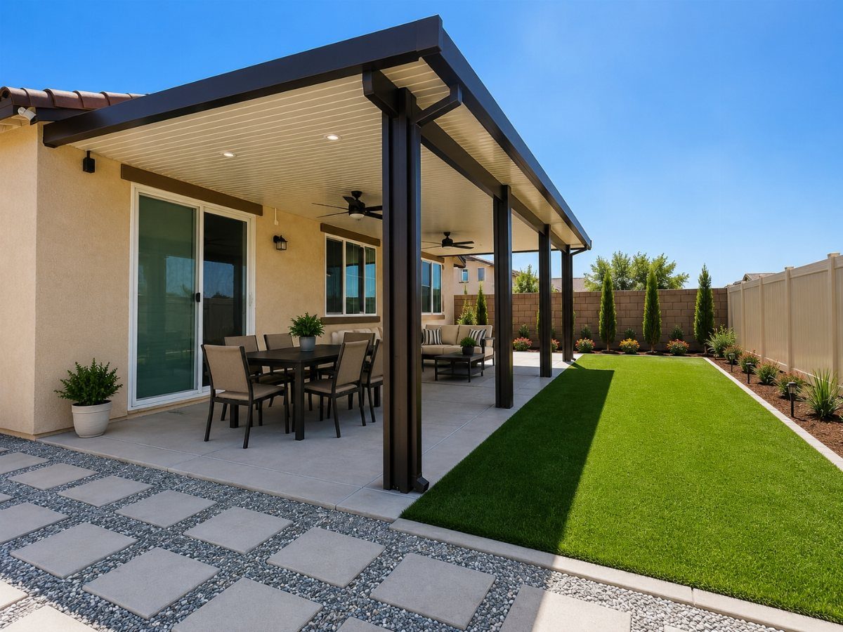 16 Backyard Patio Designs for Fire Pits, Pergolas & Outdoor Kitchens 16 A large dark brown patio cover sheltering an outdoor dining set and lounge area.