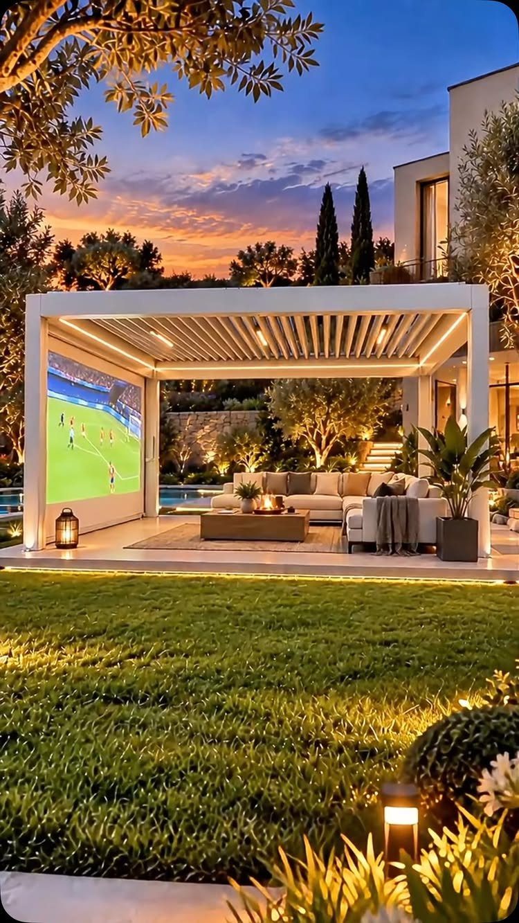 16 Backyard Patio Designs for Fire Pits, Pergolas & Outdoor Kitchens 5 Modern white pergola with outdoor lounge seating and a large television screen at twilight.
