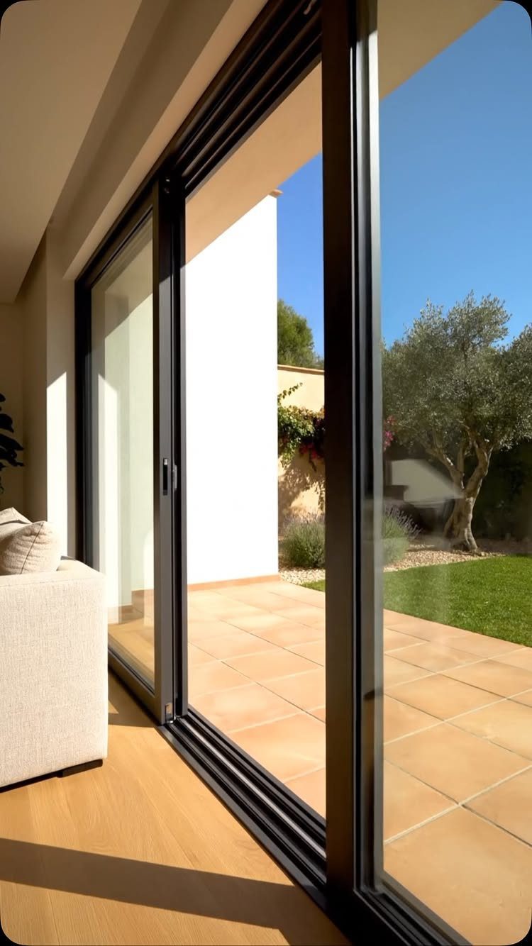 16 Backyard Patio Designs for Fire Pits, Pergolas & Outdoor Kitchens 15 Open sliding glass doors connecting an indoor living area to a tiled outdoor patio and garden.