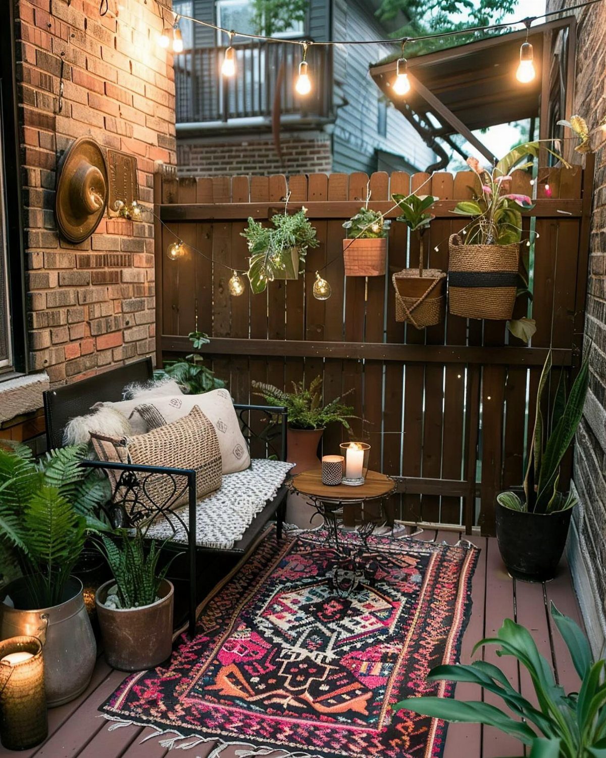 16 Backyard Patio Designs for Fire Pits, Pergolas & Outdoor Kitchens 14 Small wooden deck patio with a bench, patterned rug, potted plants, and hanging string lights.