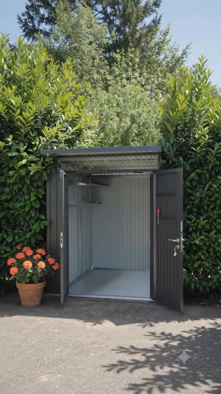 Open dark grey metal storage shed situated between green garden hedges on a paved surface.