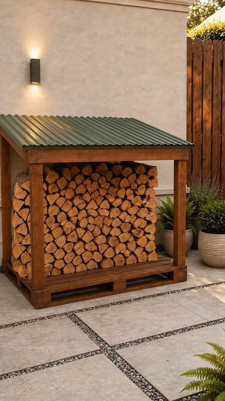 A wooden firewood storage structure with a green metal roof sitting on a stone patio.