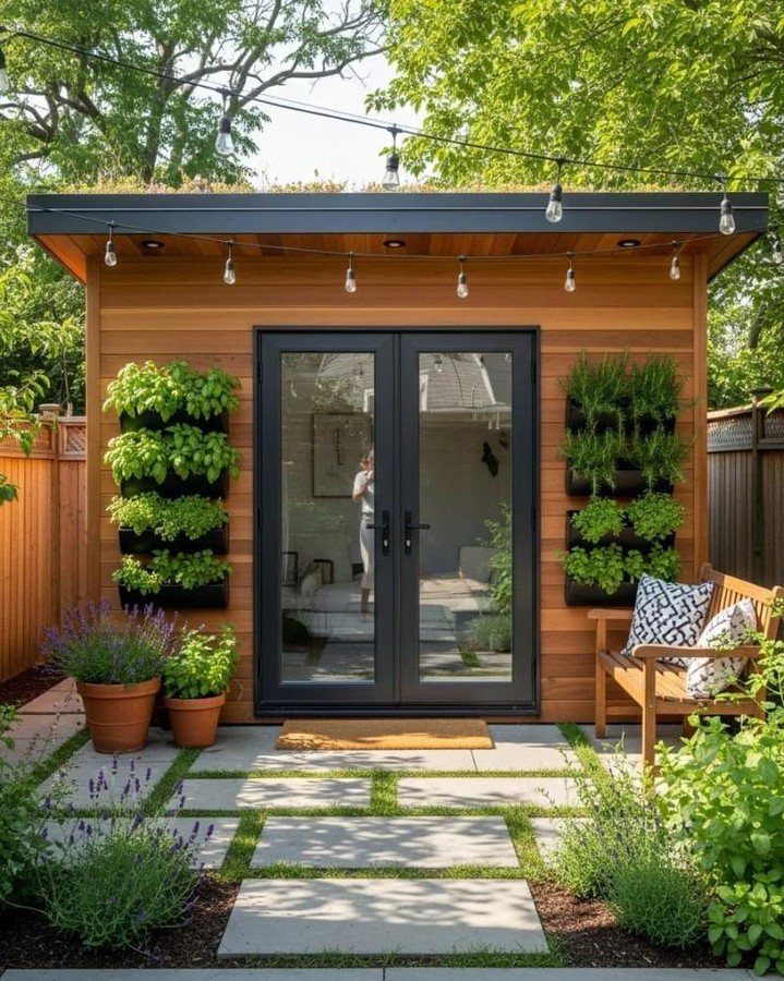 Modern wooden backyard shed with glass doors, vertical garden planters, and string lights on a stone patio.