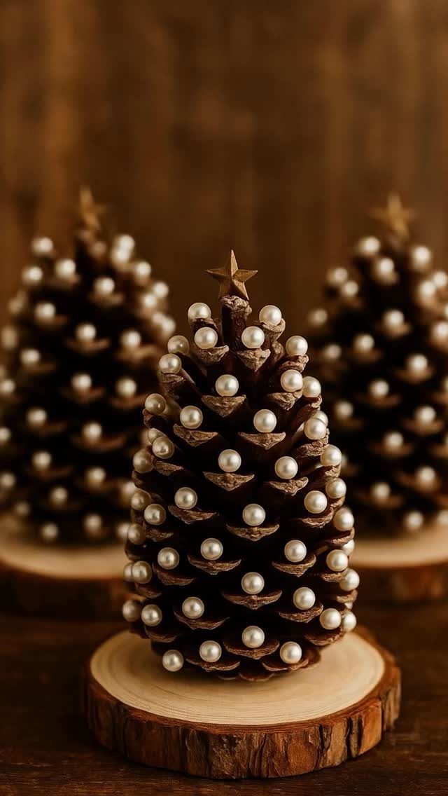 Three pinecone trees decorated with white pearls and gold stars on wooden bases.