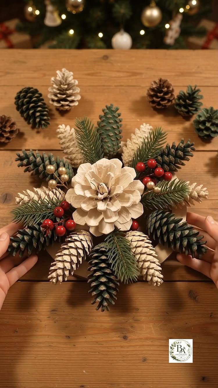Painted pinecones in white, cream, and green arranged with red berries on a wooden table.