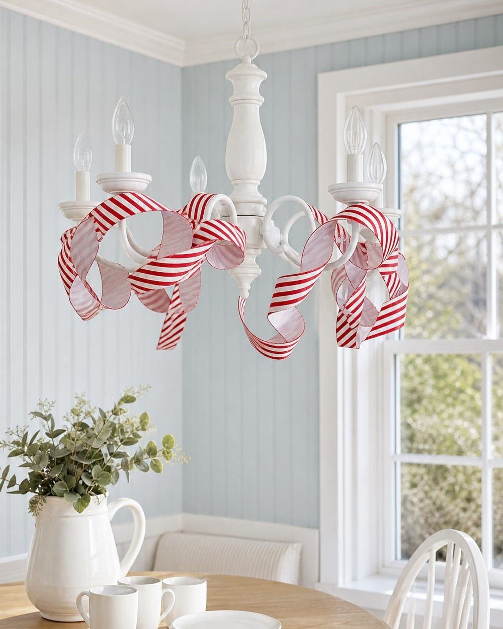 A white chandelier decorated with red and white striped ribbons hanging in a bright room.