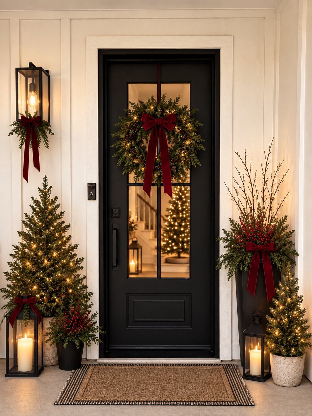 27 Christmas Display Ideas for Every Room of the Home 13 A black front door decorated with a festive wreath and surrounded by lit miniature trees and lanterns.