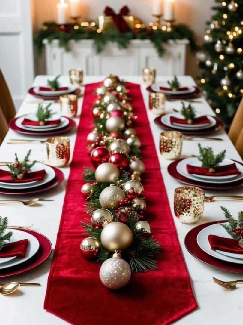 27 Christmas Display Ideas for Every Room of the Home 20 Red velvet table runner decorated with gold and red ornaments on a festive dining table.