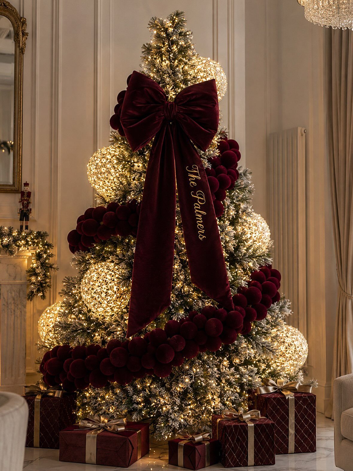 27 Christmas Display Ideas for Every Room of the Home 16 A decorated white Christmas tree with a large velvet bow and glowing ornaments.