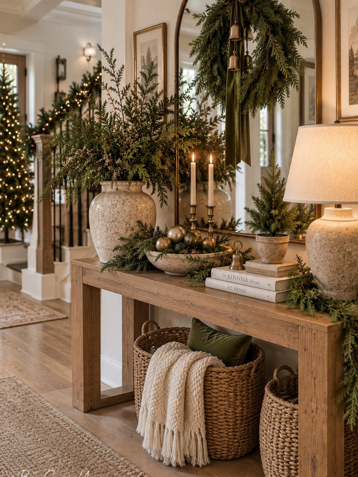27 Christmas Display Ideas for Every Room of the Home 27 Evergreen branches and a wreath decorate a wooden console table with candles and gold ornaments.