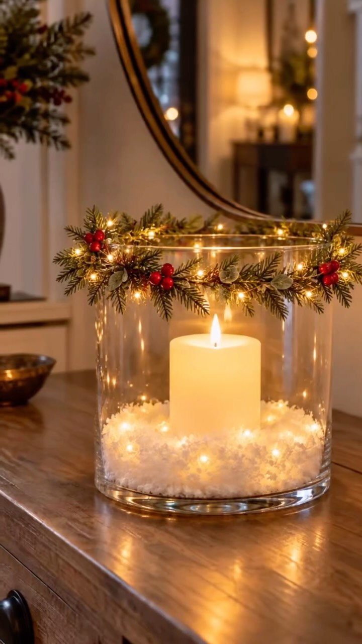 27 Christmas Display Ideas for Every Room of the Home 1 A lit white pillar candle inside a glass vase decorated with a lighted evergreen garland.