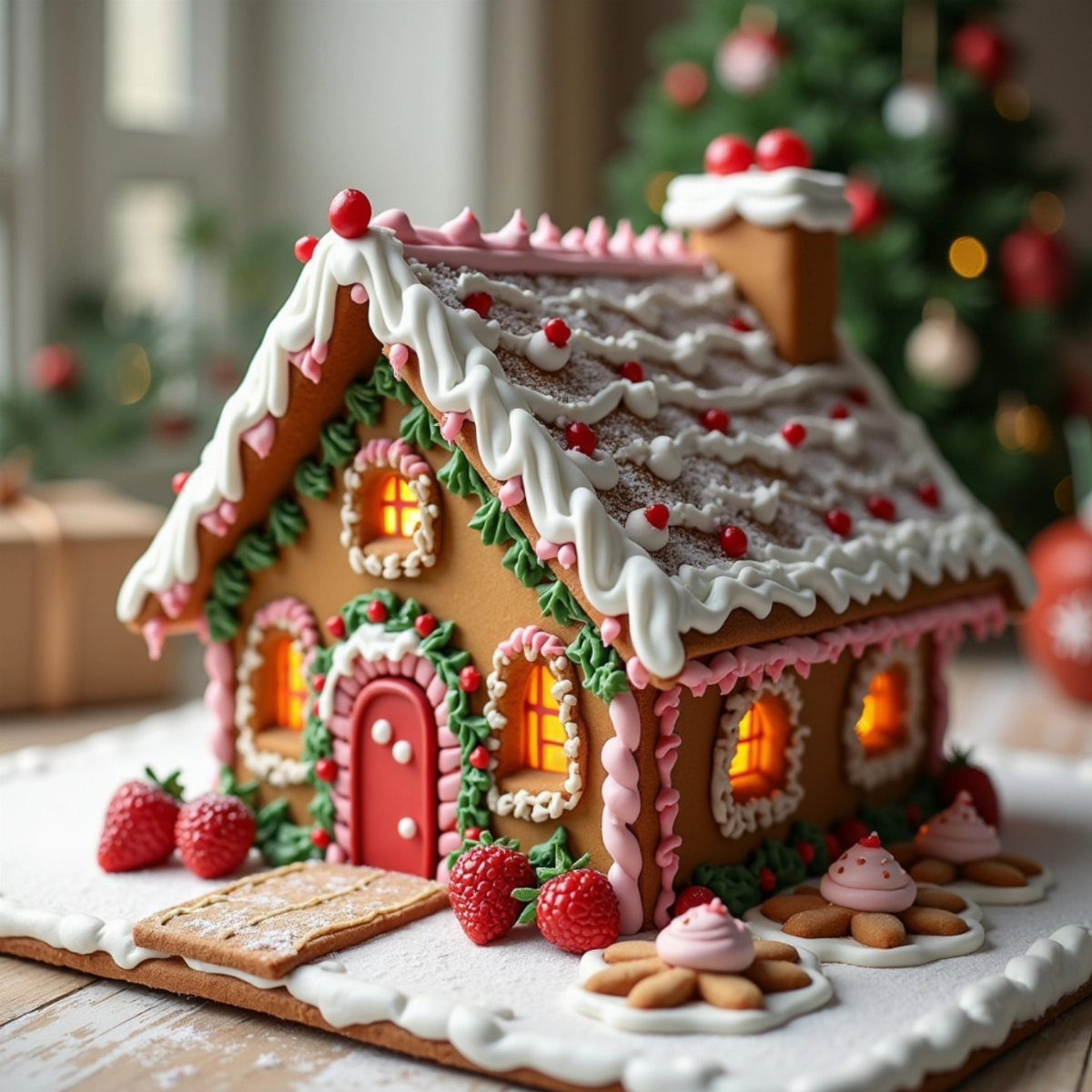 27 Christmas Display Ideas for Every Room of the Home 8 A decorated gingerbread house with white icing and red berries on a white surface.
