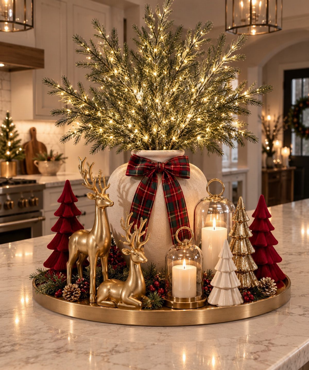 27 Christmas Display Ideas for Every Room of the Home 17 Gold reindeer and red velvet trees surrounding a lighted evergreen arrangement on a gold tray.