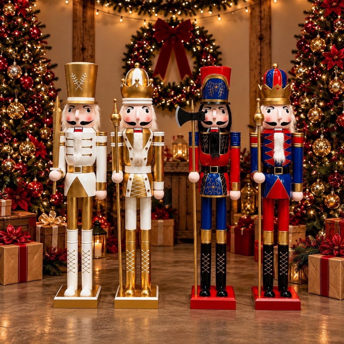 27 Christmas Display Ideas for Every Room of the Home 5 Four large, colorful nutcracker figures standing in a decorated room with Christmas trees.