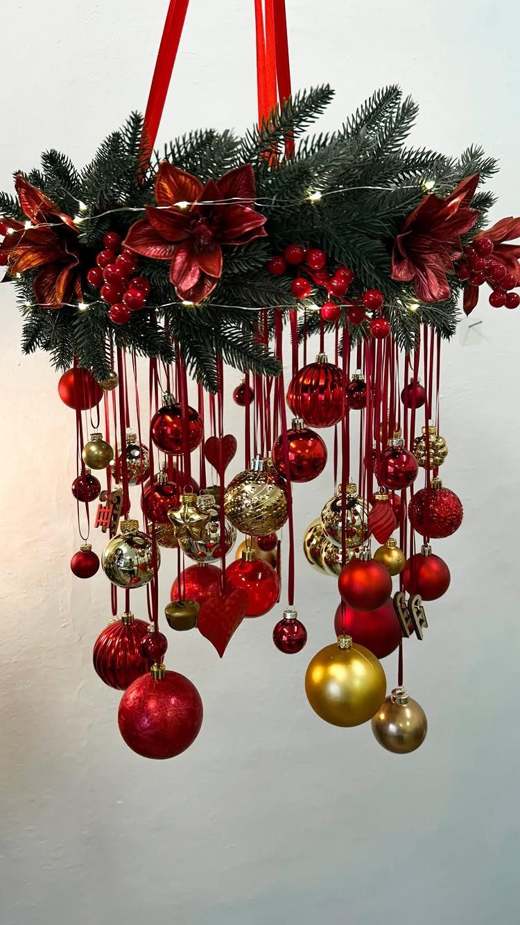 27 Christmas Display Ideas for Every Room of the Home 10 Red and gold glass ornaments hanging from a decorated evergreen wreath against a white wall.