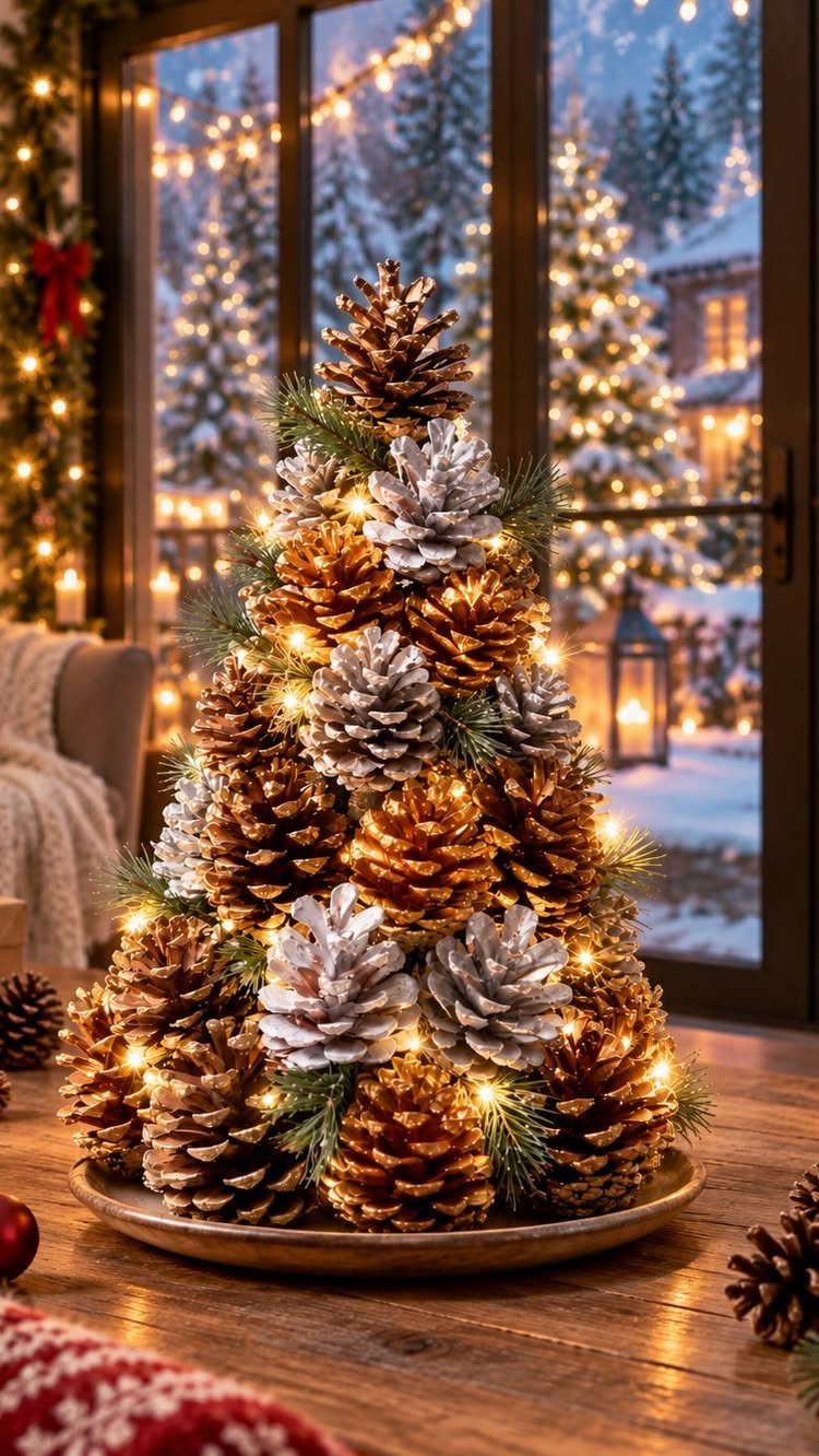 A conical Christmas tree made of brown and frosted white pinecones decorated with warm fairy lights.