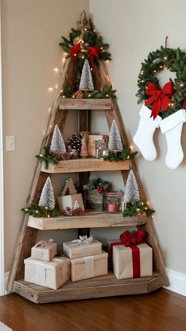 A wooden triangular shelf decorated with Christmas lights, greenery, and small white trees acting as a tree alternative.