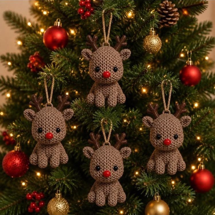 Christmas Tree Decor Ideas for 2025: 17 Fresh Styles from Coastal to Candyland 17 Knitted reindeer ornaments hanging on a decorated Christmas tree with lights and baubles.