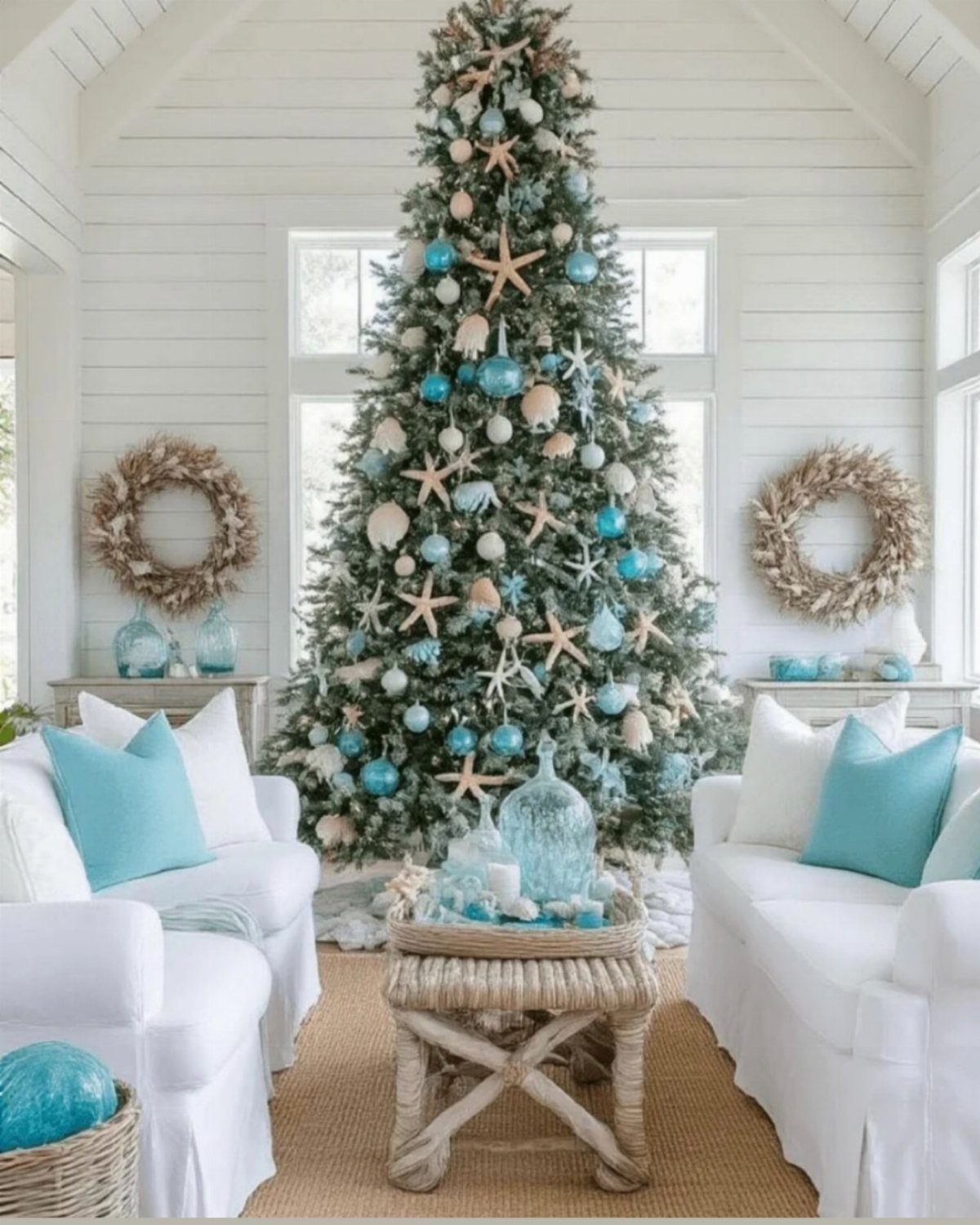 Christmas Tree Decor Ideas for 2025: 17 Fresh Styles from Coastal to Candyland 5 A decorated Christmas tree featuring blue ornaments and starfish in a bright white living room.