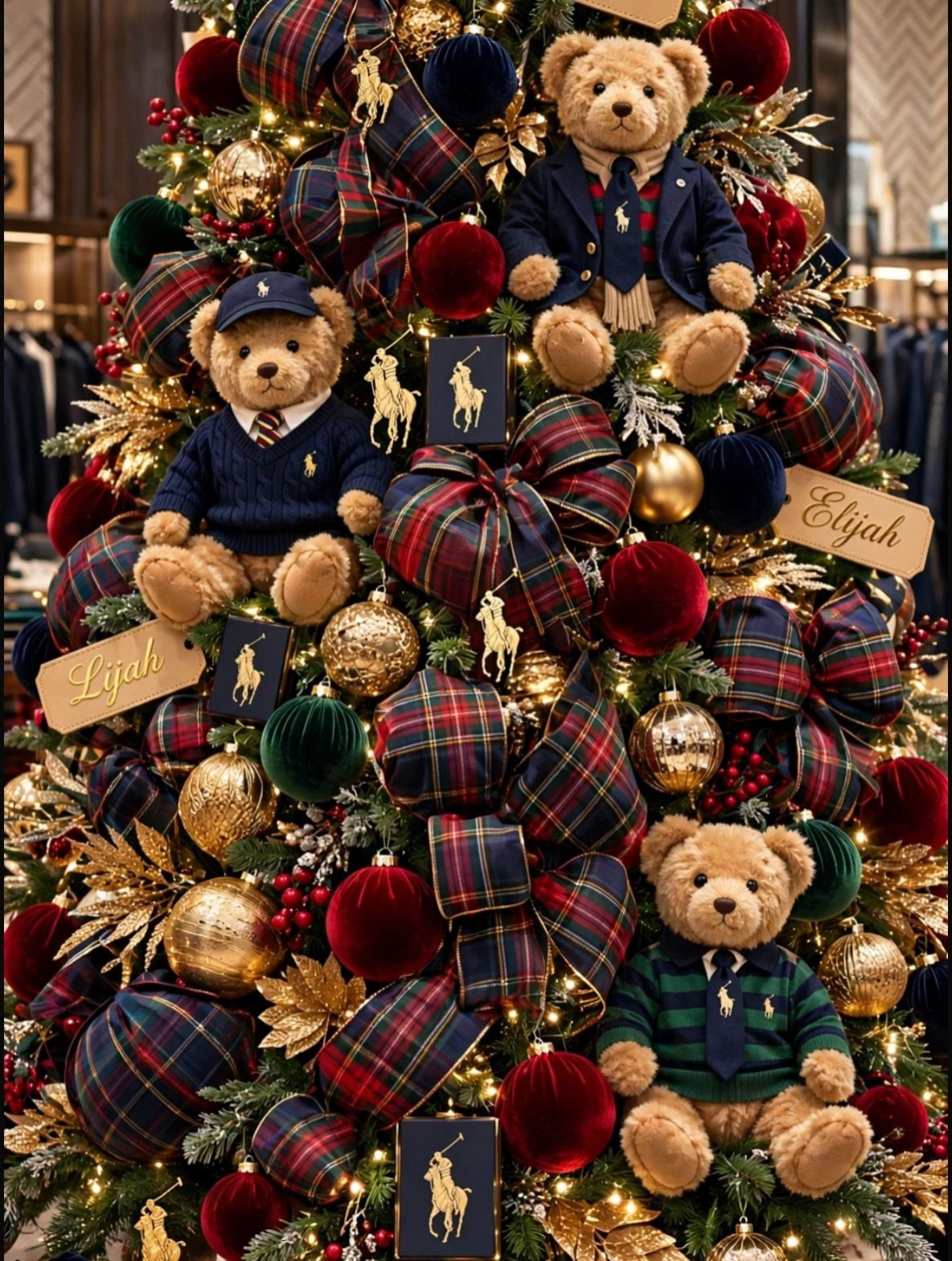 Christmas Tree Decor Ideas for 2025: 17 Fresh Styles from Coastal to Candyland 7 Decorated Christmas tree with tartan plaid bows, velvet ornaments, and teddy bears wearing polo shirts.