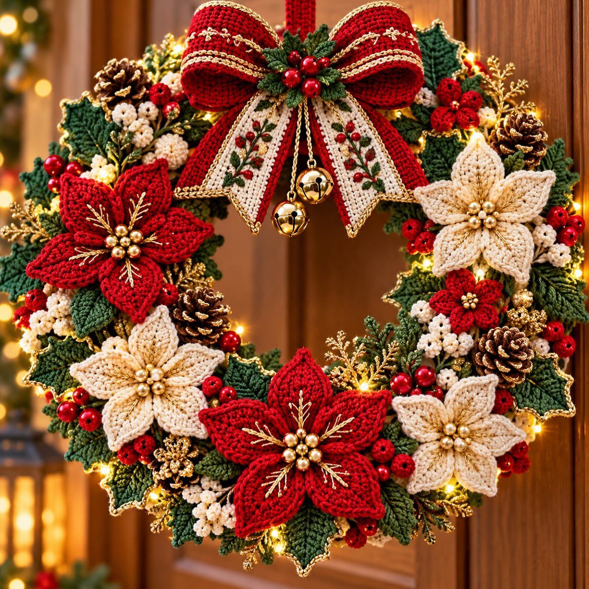 Christmas Wall Decor Ideas: 9 Ways to Dress Vertical Space 2 Crocheted Christmas wreath featuring red and cream poinsettias, green leaves, and a large red bow with gold bells.