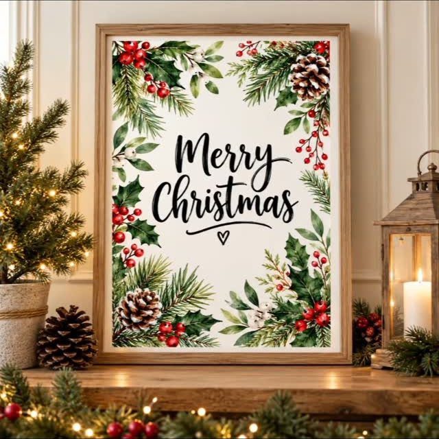 Christmas Wall Decor Ideas: 9 Ways to Dress Vertical Space 1 Framed Merry Christmas wall art with festive greenery and red berries on a wooden surface.