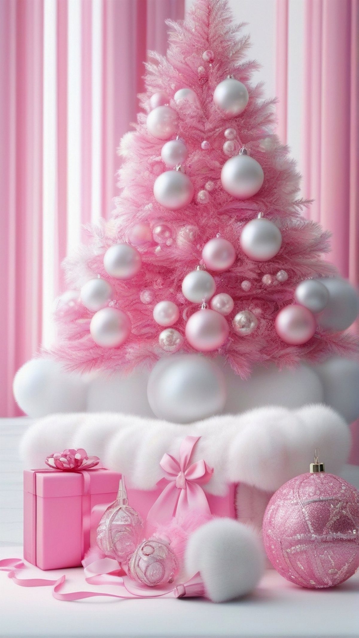 Christmas Wallpaper Backgrounds iPhone: 8 Styles for Your Screen 7 A pink Christmas tree decorated with white ornaments and surrounded by pink gift boxes.