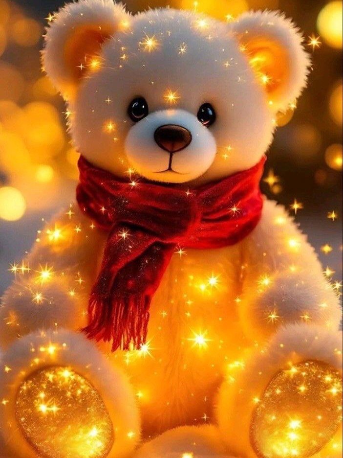 Christmas Wallpaper Backgrounds iPhone: 8 Styles for Your Screen 1 A glowing white teddy bear with a red scarf surrounded by golden sparkles and bokeh lights.