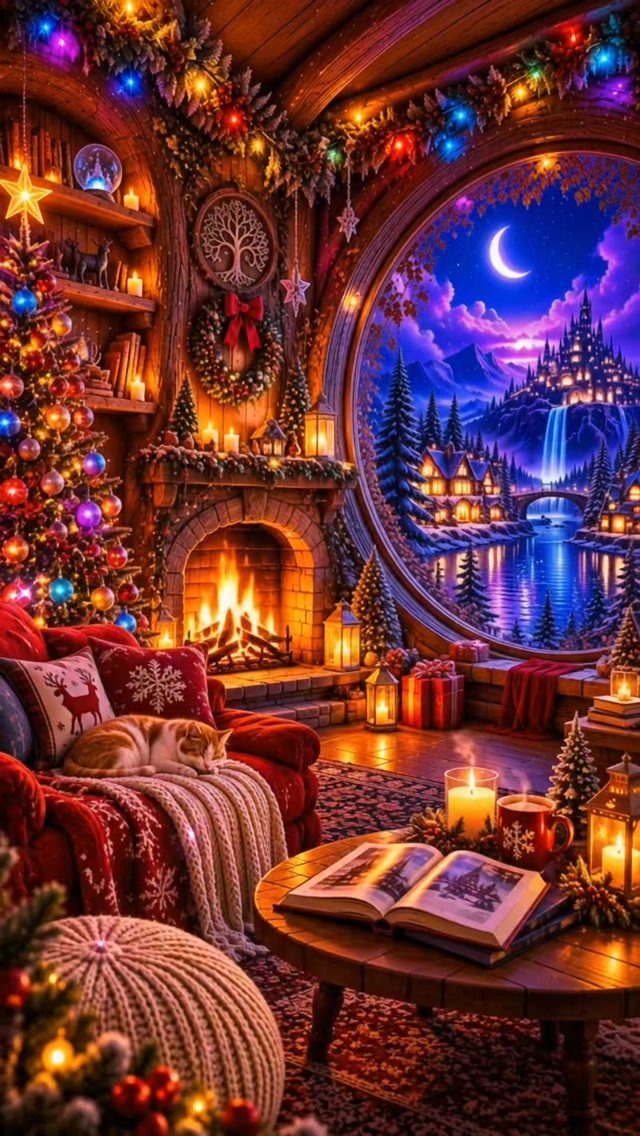 Christmas Wallpaper Backgrounds iPhone: 8 Styles for Your Screen 4 A cozy festive living room with a glowing fireplace, decorated Christmas tree, and magical night view.