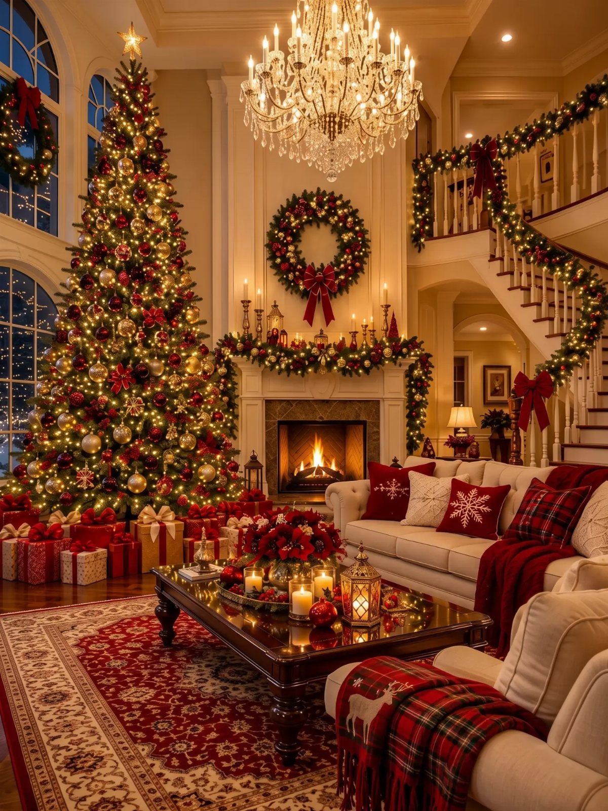 Christmas Wallpaper Backgrounds iPhone: 8 Styles for Your Screen 2 A decorated living room with a large Christmas tree, fireplace, and festive red and gold ornaments.
