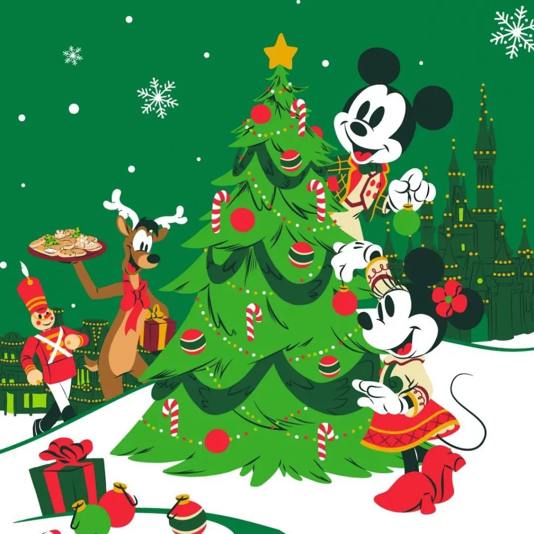 Christmas Wallpaper Backgrounds iPhone: 8 Styles for Your Screen 5 Mickey and Minnie Mouse decorating a large green Christmas tree with ornaments in a snowy landscape.