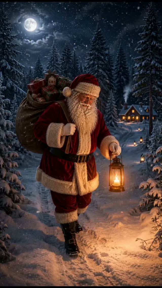 Christmas Wallpaper Backgrounds iPhone: 8 Styles for Your Screen 6 Santa Claus carrying a sack of toys and a lantern through a snowy night forest.