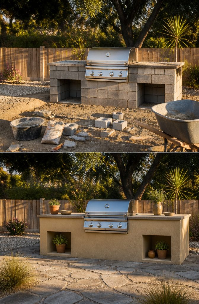 Cinder Block Grill Station: 8 Steps to Build an Outdoor Kitchen 5 Stucco being applied directly over a cinder block grill station.