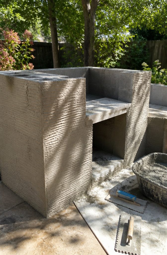 Cinder Block Grill Station: 8 Steps to Build an Outdoor Kitchen 4 Cinder block structure featuring a wet masonry scratch coat.
