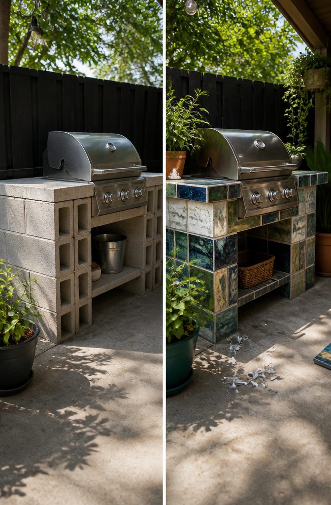 Cinder Block Grill Station: 8 Steps to Build an Outdoor Kitchen 10 Cinder block grill station customized with stone and tile finishes.
